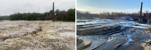 Left: Winooski Falls during flooding, Right: Winooski Falls before flooding Left: Winooski Falls during flooding, Right: Winooski Falls before flooding